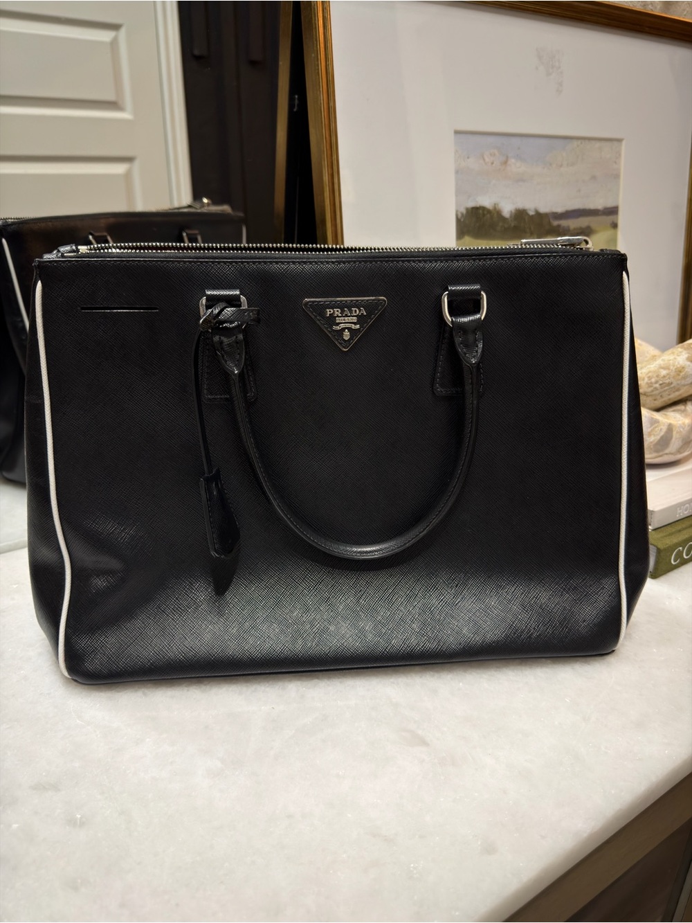 Prada Black Saffiano Leather Galleria Tote Top-Handle Bag with adjustable strap